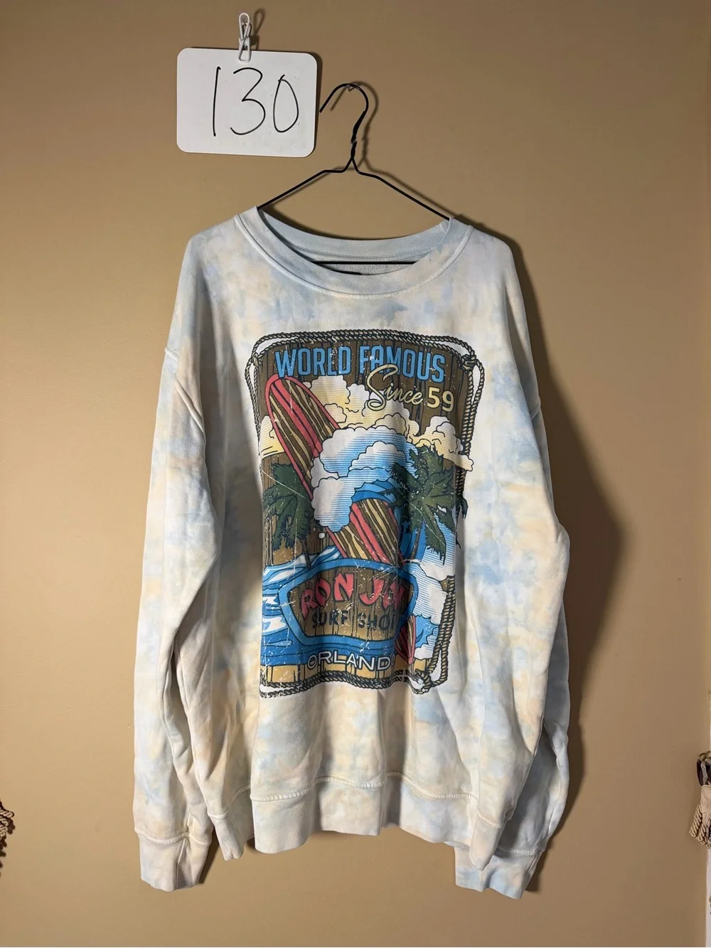 Tie-Dye Surf Graphic Crewneck Sweatshirt - Light Blue RON JON Sz xl